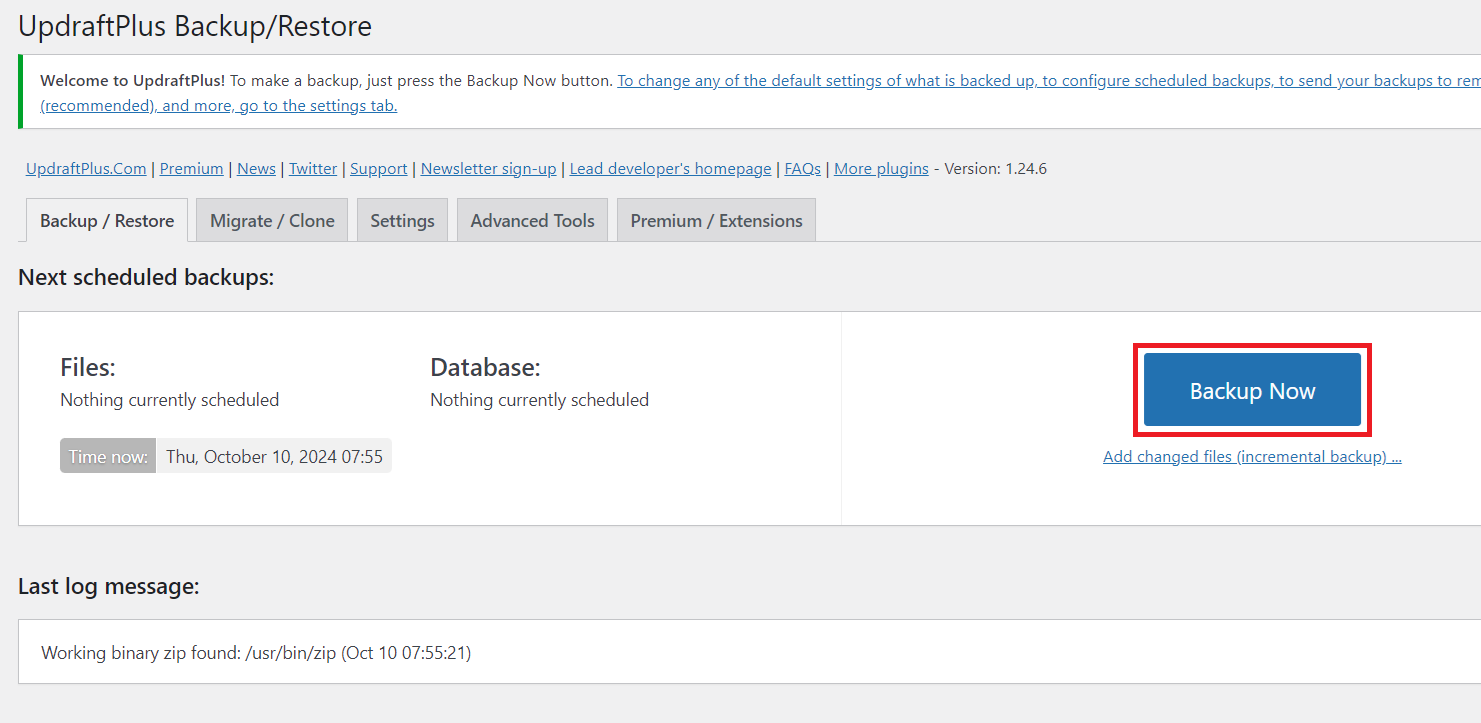 clone a wordpress site: backup now