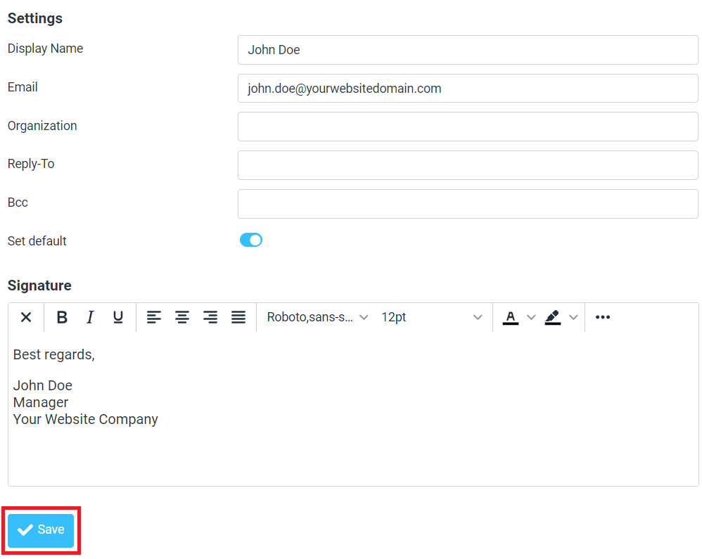 click 'save' to add signature in WebMail