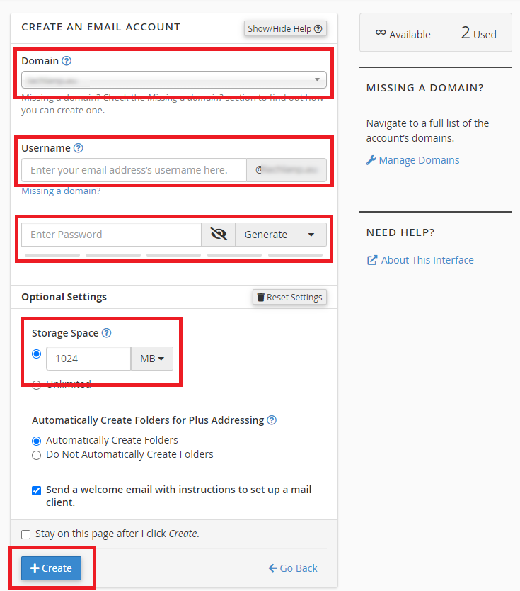 create email accounts in cPanel: enter email details and click 'create' button to get started with your email