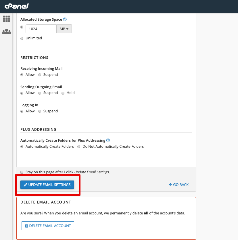change your cpanel email address password