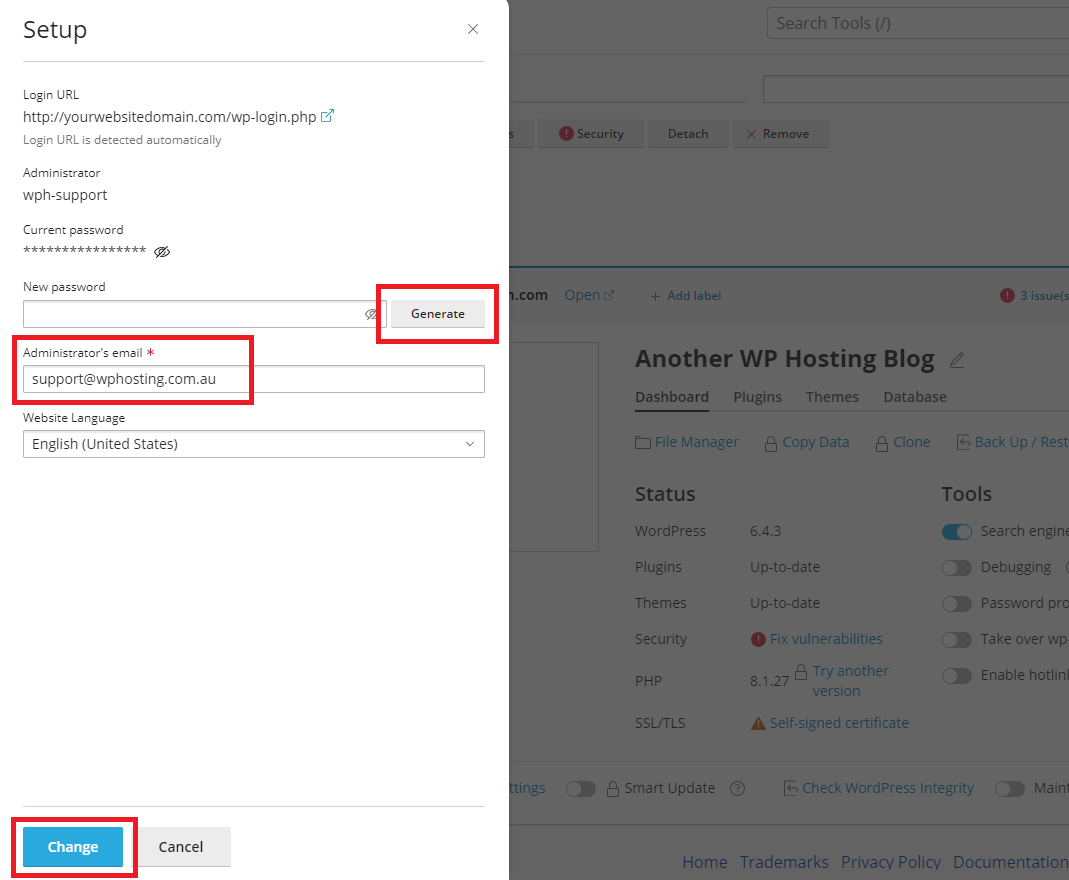 reset WordPress admin password