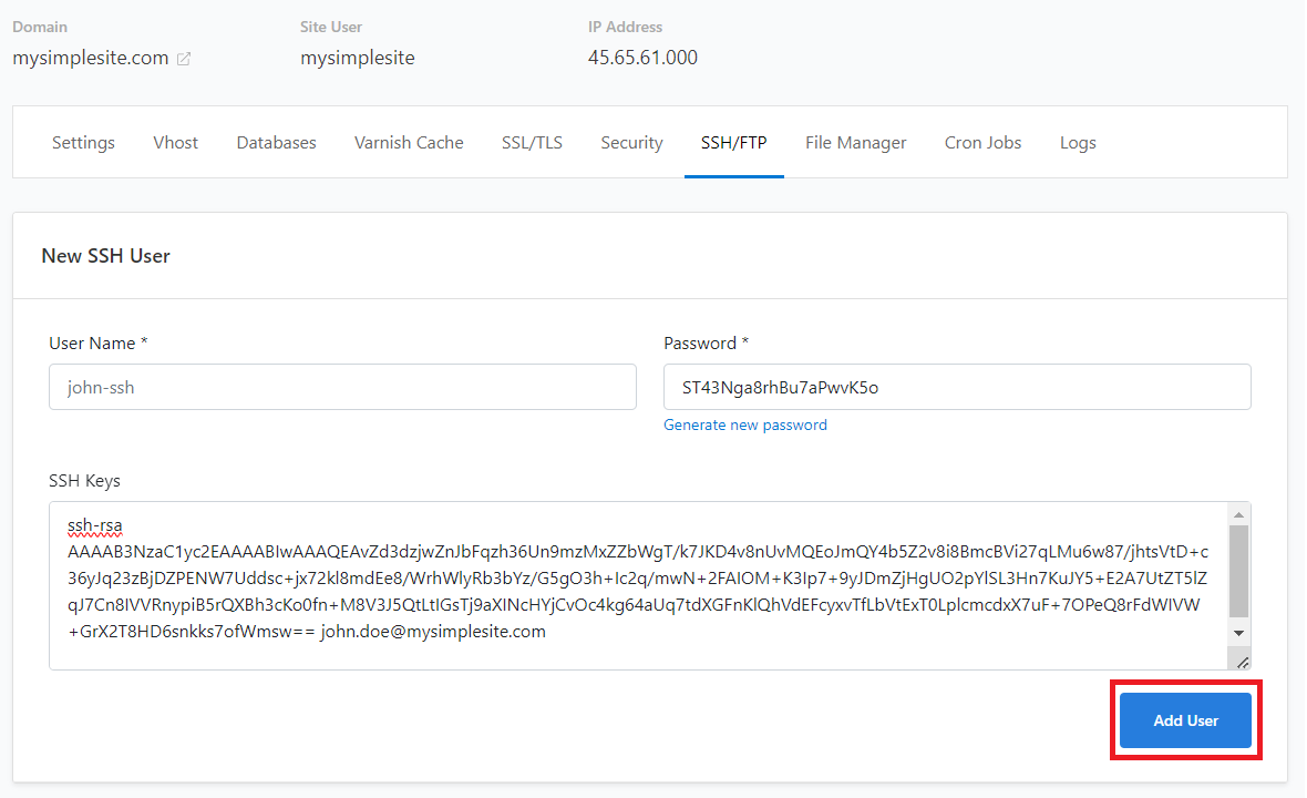 Configure SSH or SFTP users: Click 'Add User' button to start adding SSH or SFTP users