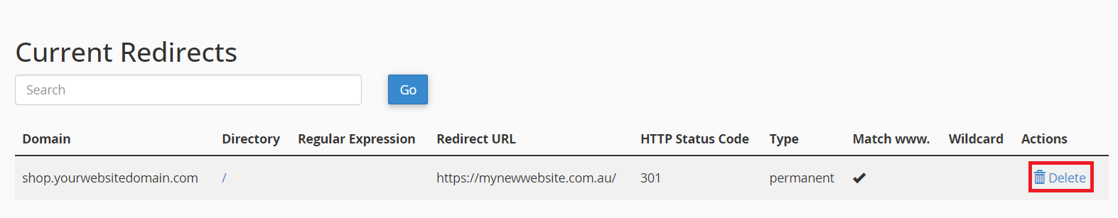 How to redirect a domain: delete redirect