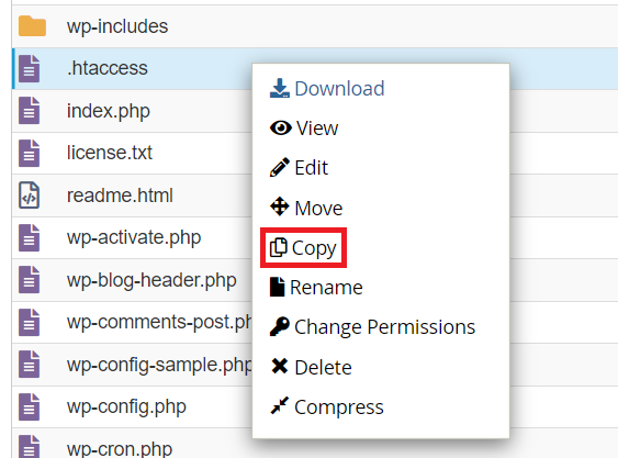 manage your sites htaccess file: copy