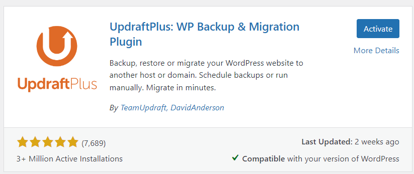 clone a wordpress site: activate updraftplus