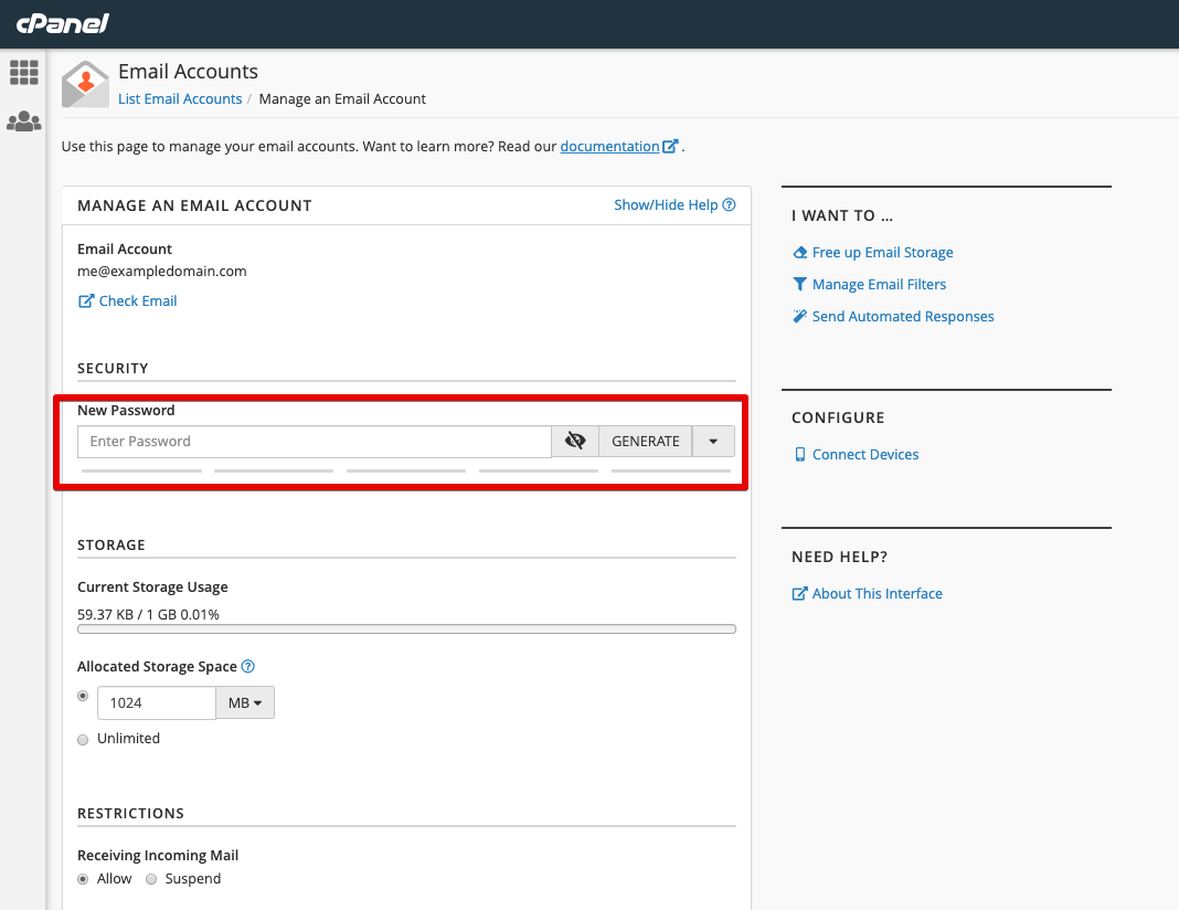 change your cpanel email address password