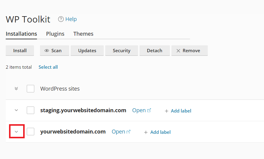 disable WP cron: click arrow to see WordPress site details