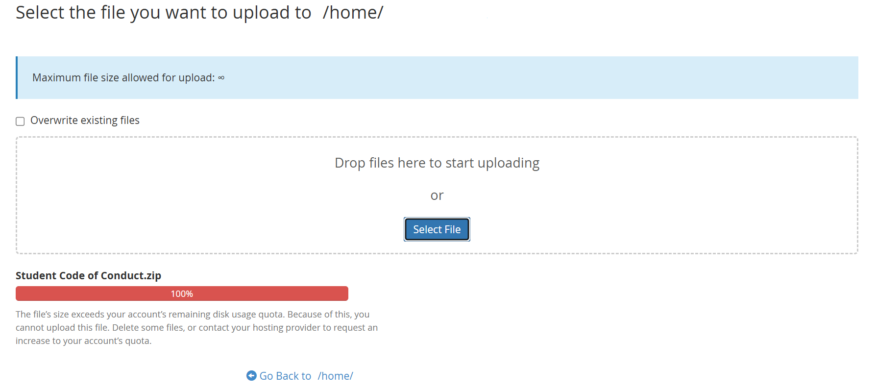 errors when uploading files in cPanel