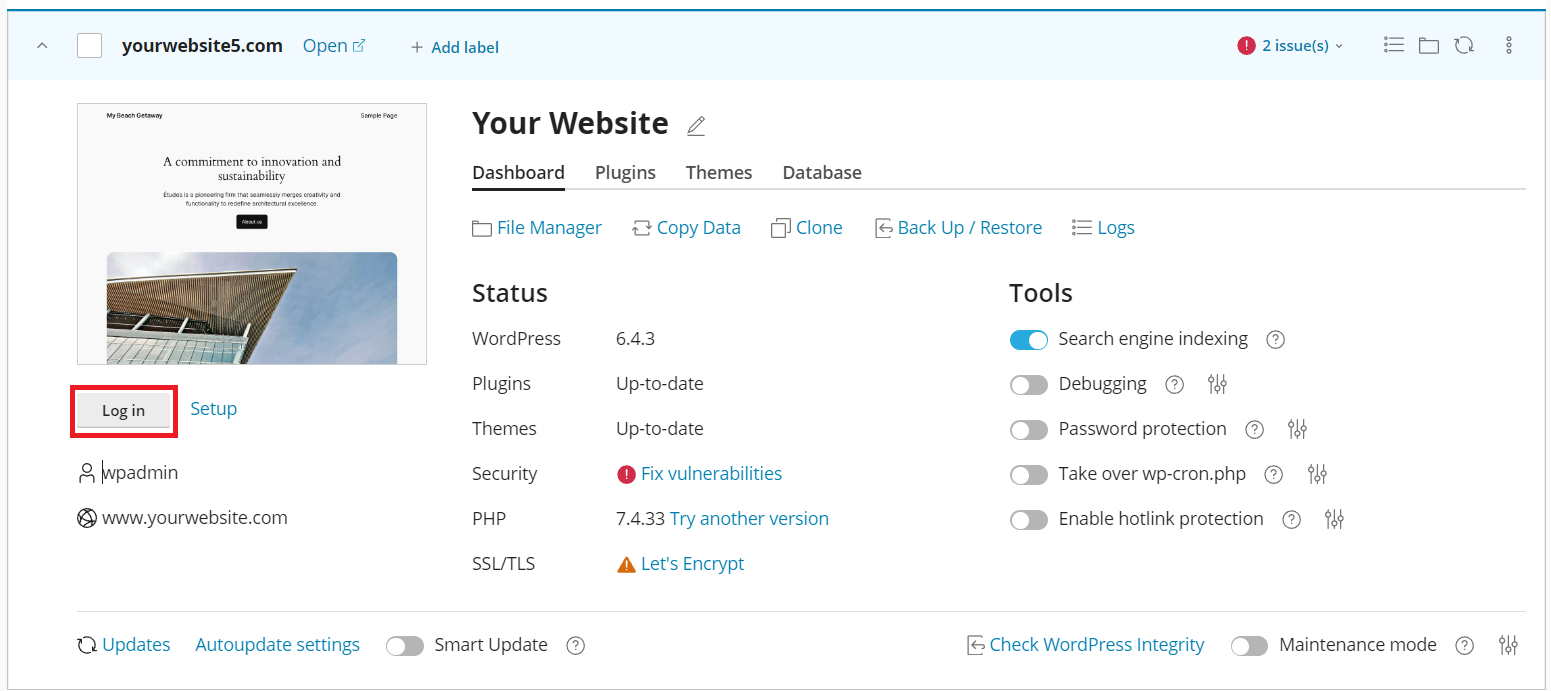 Click 'Login' to automatically access your WordPress site using the WordPress Management tool.