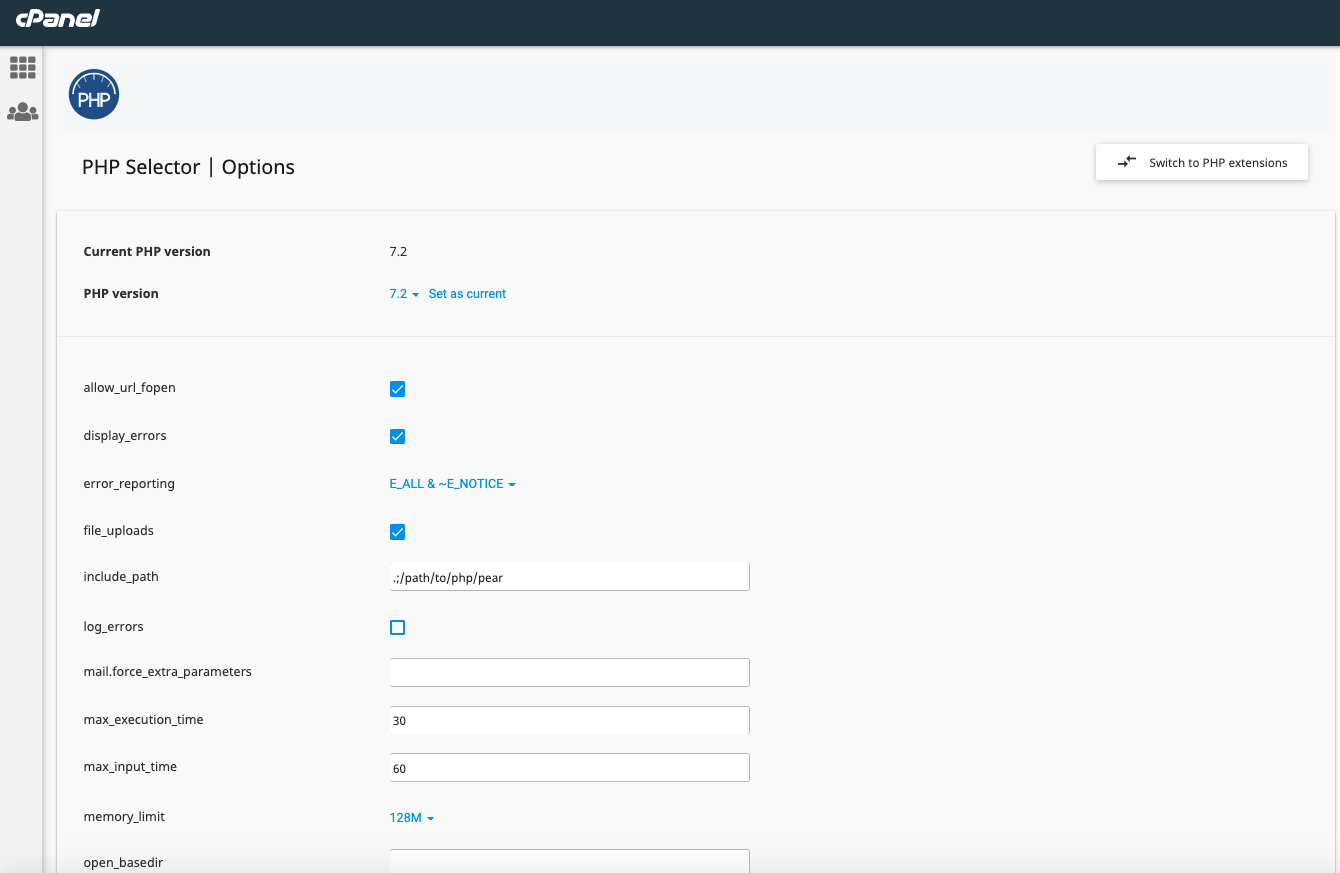 PHP version extensions & options