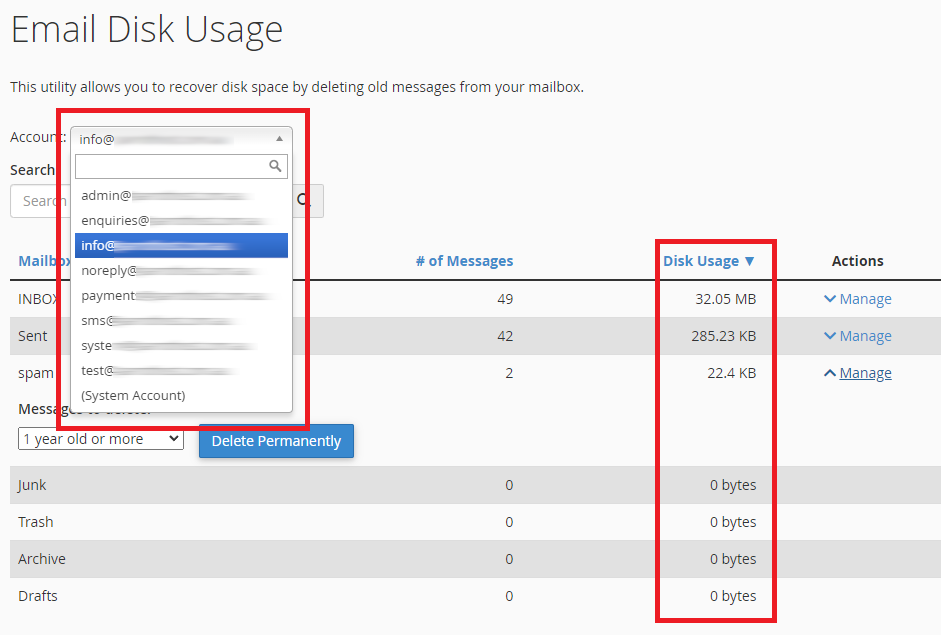 cPanel email disk usage