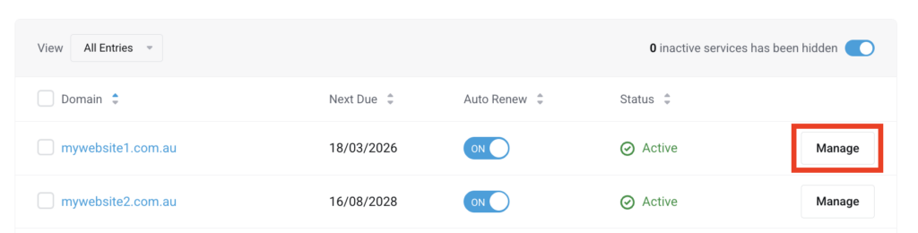 register and manage your domain name - domain selection list