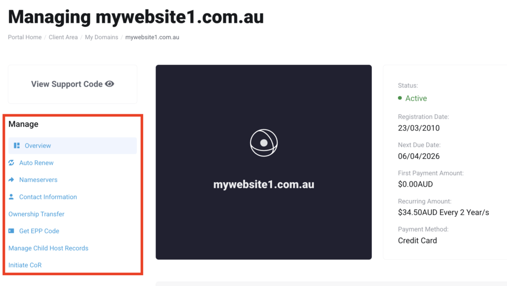 register and manage your domain name - domain management page
