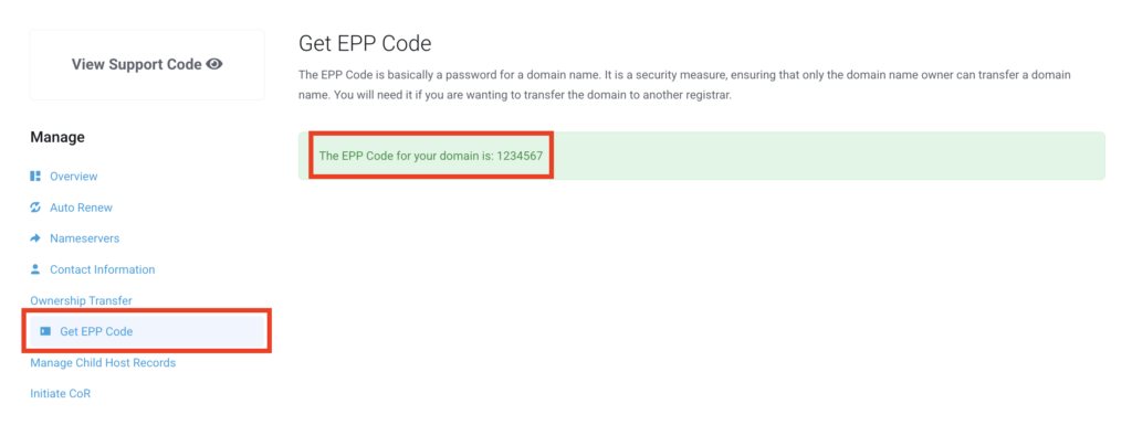 register and manage your domain name - get epp code