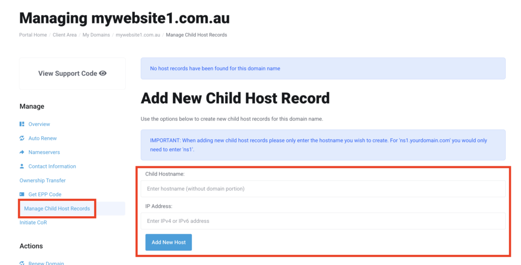 register and manage your domain name - add new child host