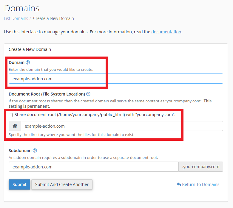 addon domain in cPanel